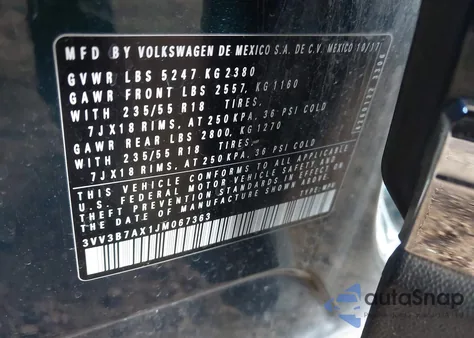 2018 Volkswagen Tiguan 2.0T Se/2.0T Sel из США, поврежденный, VIN 3VV3B7AX1JM067363